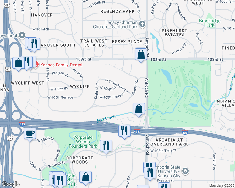 map of restaurants, bars, coffee shops, grocery stores, and more near 8909 West 105th Street in Overland Park