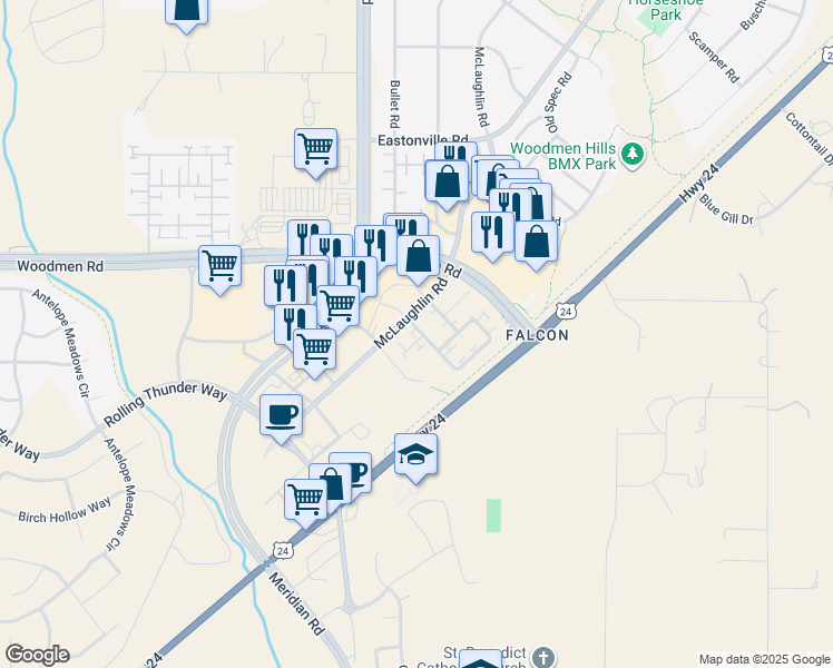 map of restaurants, bars, coffee shops, grocery stores, and more near 7358 Maybeck View in Peyton