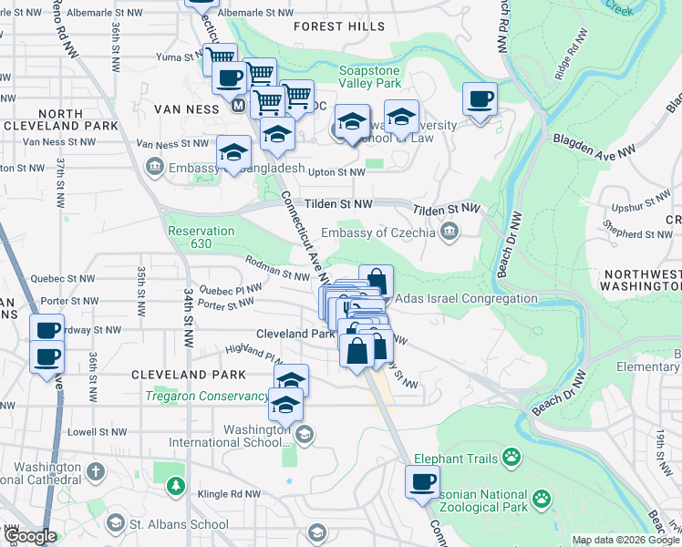 map of restaurants, bars, coffee shops, grocery stores, and more near 3701 Connecticut Avenue Northwest in Washington