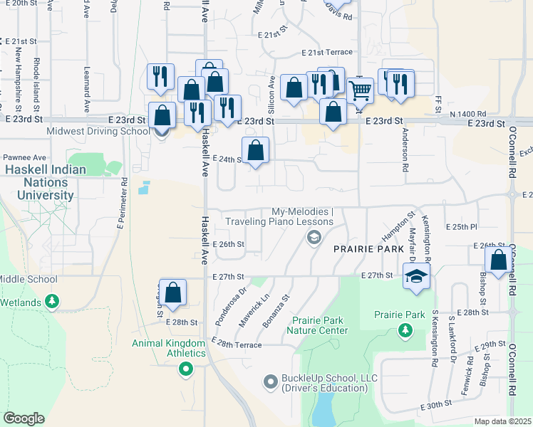 map of restaurants, bars, coffee shops, grocery stores, and more near 1301 East 25th Terrace in Lawrence