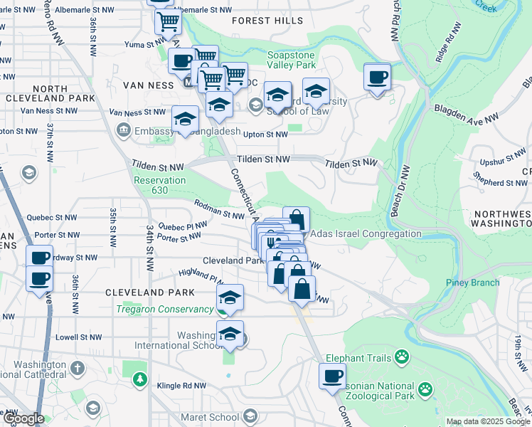 map of restaurants, bars, coffee shops, grocery stores, and more near 3701 Connecticut Avenue Northwest in Washington