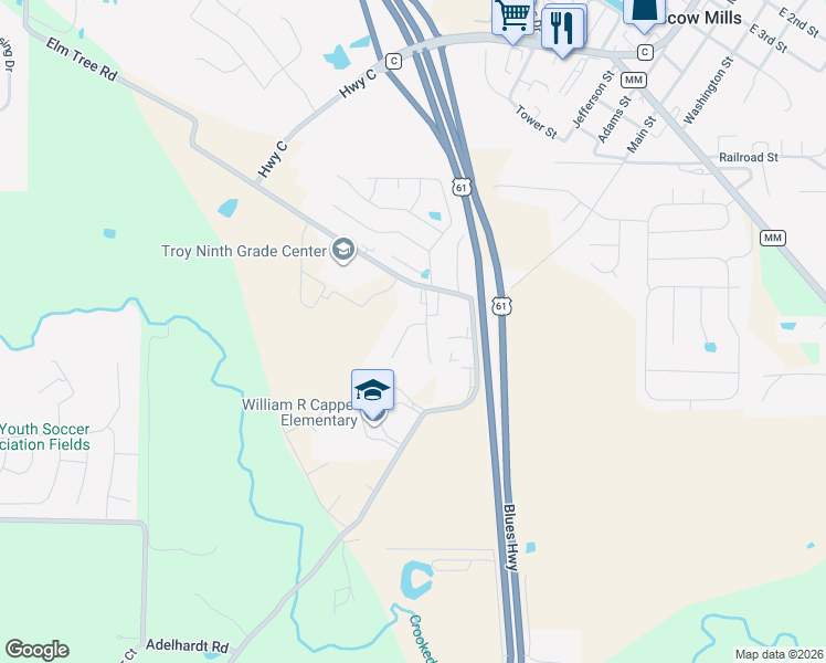 map of restaurants, bars, coffee shops, grocery stores, and more near 1111 Elm Tree Commons Drive in Moscow Mills