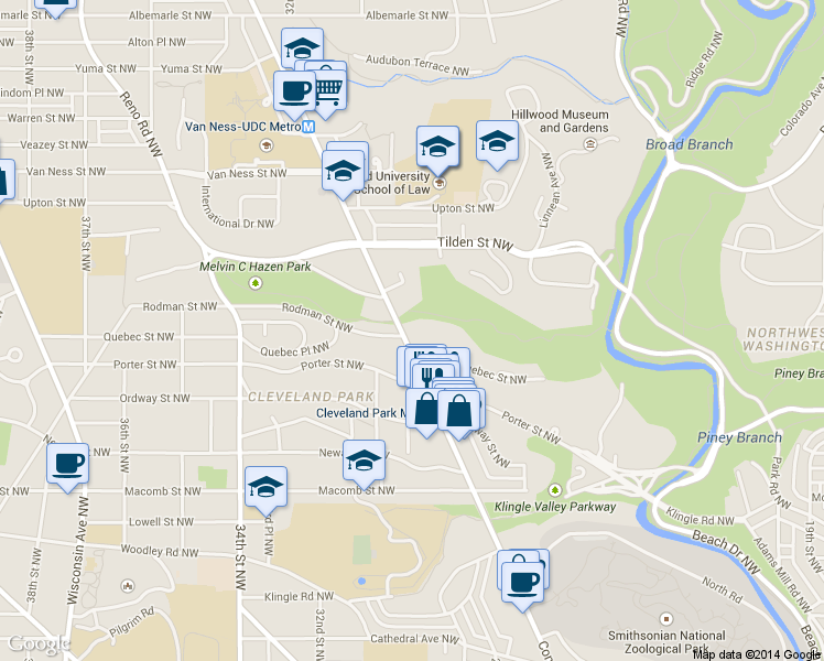 map of restaurants, bars, coffee shops, grocery stores, and more near 3701 Connecticut Avenue Northwest in Washington
