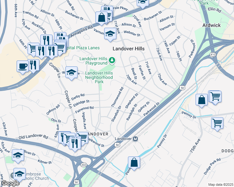 map of restaurants, bars, coffee shops, grocery stores, and more near 3818 Thornwood Road in Hyattsville