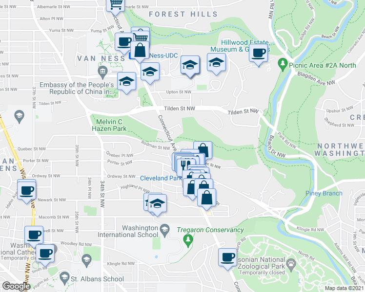 map of restaurants, bars, coffee shops, grocery stores, and more near 3701 Connecticut Avenue Northwest in Washington