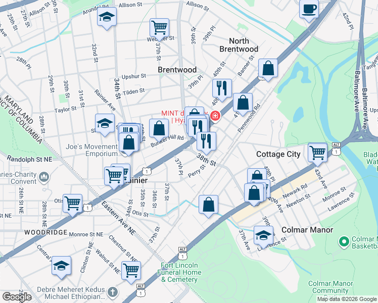 map of restaurants, bars, coffee shops, grocery stores, and more near 909 38th Street in Brentwood