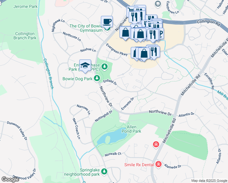 map of restaurants, bars, coffee shops, grocery stores, and more near 15201 Emory Court in Bowie