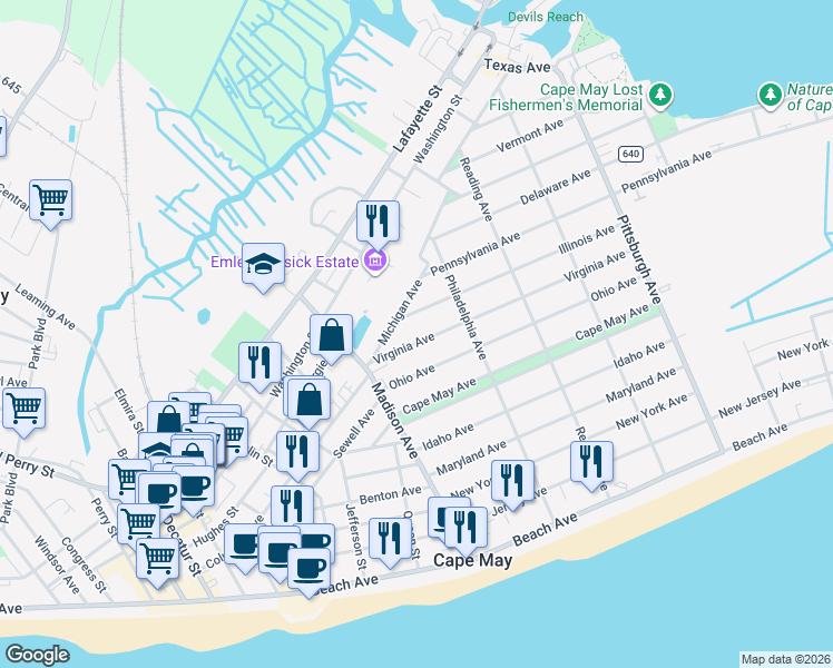 map of restaurants, bars, coffee shops, grocery stores, and more near 1027 Virginia Avenue in Cape May