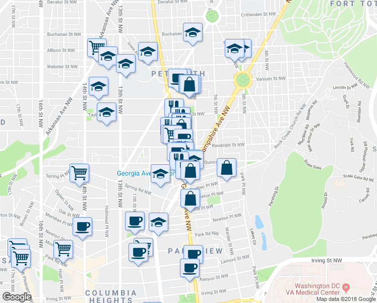 map of restaurants, bars, coffee shops, grocery stores, and more near 816 Randolph Street Northwest in Washington