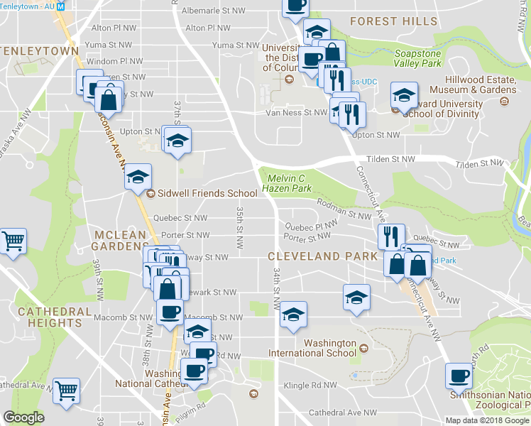 map of restaurants, bars, coffee shops, grocery stores, and more near 3409 Quebec Street Northwest in Washington