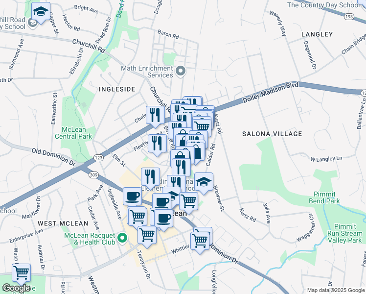 map of restaurants, bars, coffee shops, grocery stores, and more near 1330 Old Chain Bridge Road in McLean