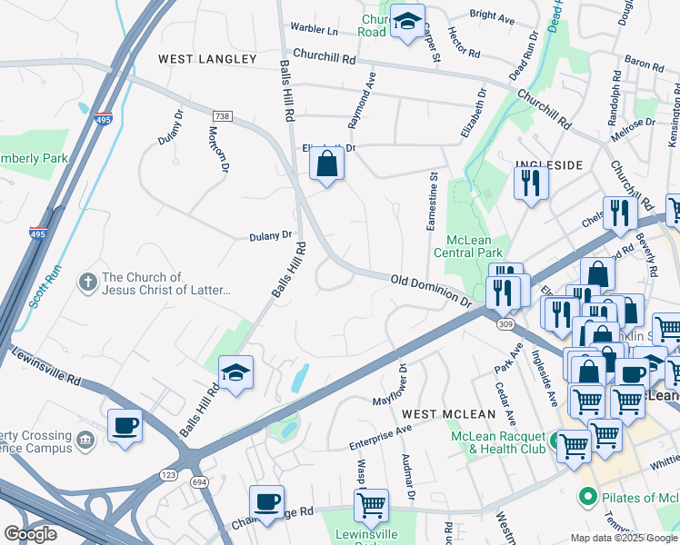 map of restaurants, bars, coffee shops, grocery stores, and more near 7117 Old Dominion Drive in McLean