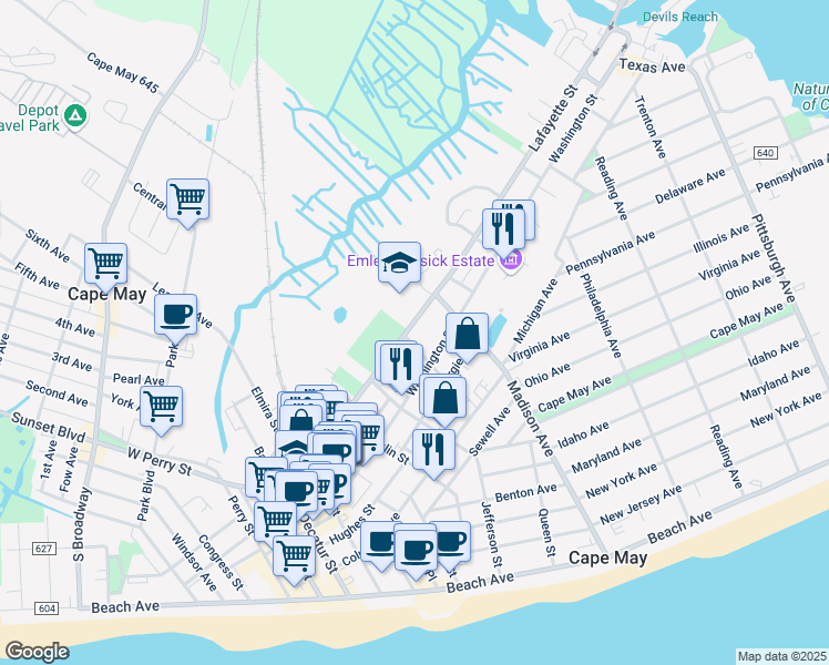 map of restaurants, bars, coffee shops, grocery stores, and more near 908 Lafayette Street in Cape May