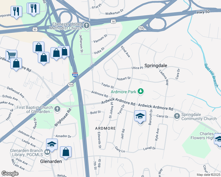map of restaurants, bars, coffee shops, grocery stores, and more near 9023 Taylor Street in Springdale