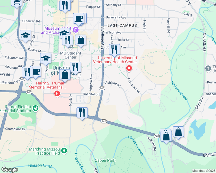 map of restaurants, bars, coffee shops, grocery stores, and more near 915 Park Avenue in Columbia