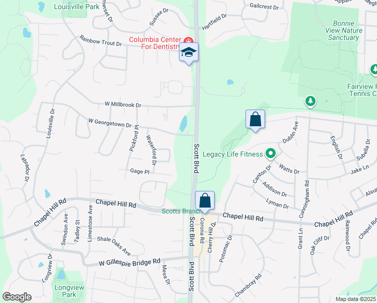 map of restaurants, bars, coffee shops, grocery stores, and more near 1501-1503 S Scott Blvd in Columbia