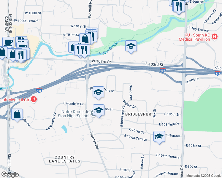 map of restaurants, bars, coffee shops, grocery stores, and more near 10432 Baltimore Avenue in Kansas City