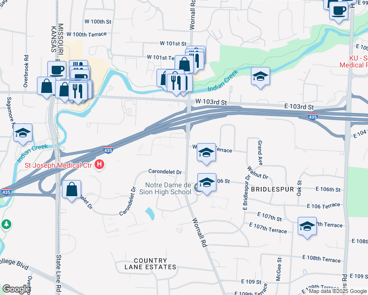 map of restaurants, bars, coffee shops, grocery stores, and more near 411 West 104th Street in Kansas City