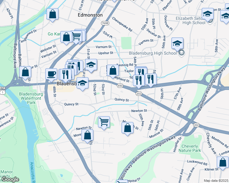 map of restaurants, bars, coffee shops, grocery stores, and more near 5352 Quincy Place in Hyattsville