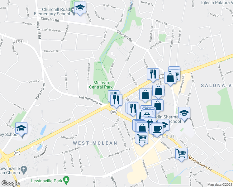 map of restaurants, bars, coffee shops, grocery stores, and more near 1313 Ingleside Avenue in McLean