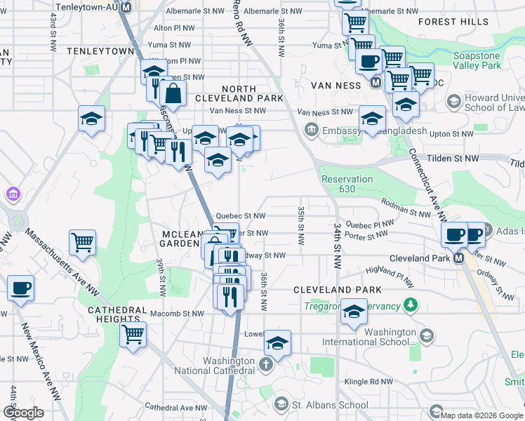 map of restaurants, bars, coffee shops, grocery stores, and more near 3547 Quebec Street Northwest in Washington