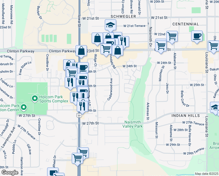 map of restaurants, bars, coffee shops, grocery stores, and more near 1703 West 25th Street in Lawrence