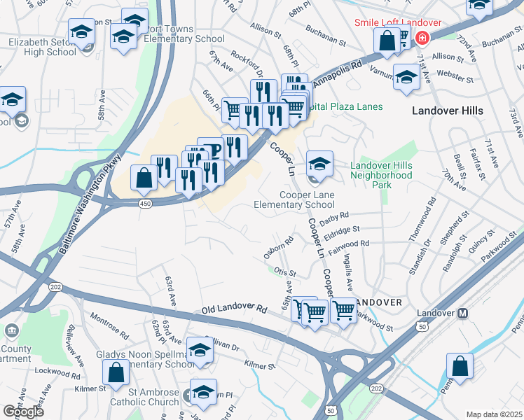 map of restaurants, bars, coffee shops, grocery stores, and more near 6534 Landing Way in Hyattsville