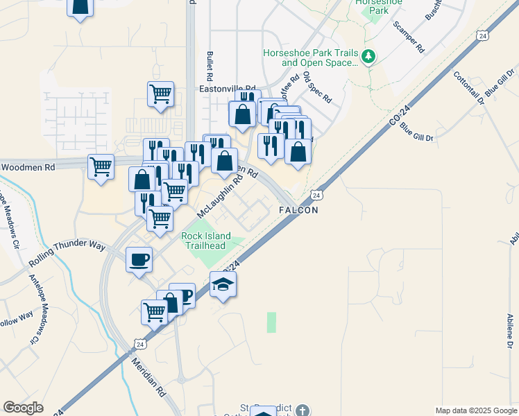 map of restaurants, bars, coffee shops, grocery stores, and more near 7221 Maybeck View in Peyton