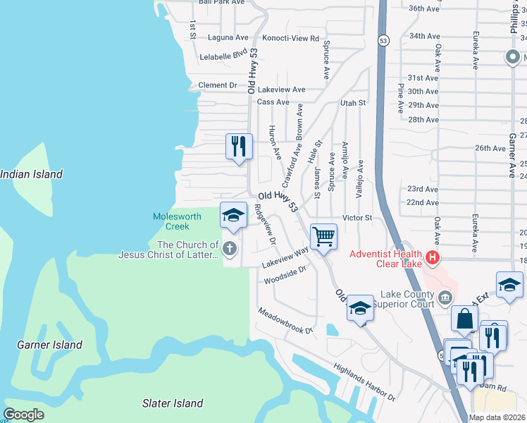 map of restaurants, bars, coffee shops, grocery stores, and more near 6155 Ridgeview Drive in Clearlake