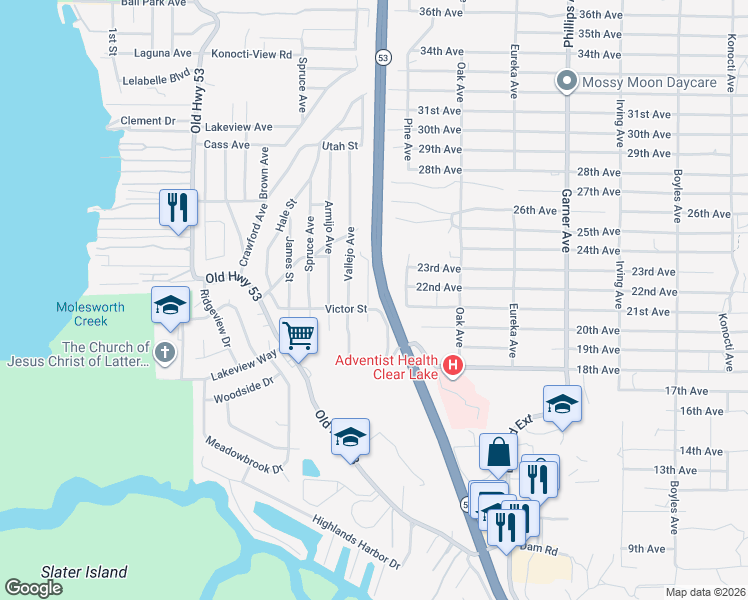 map of restaurants, bars, coffee shops, grocery stores, and more near 6181 Manzanita Avenue in Clearlake