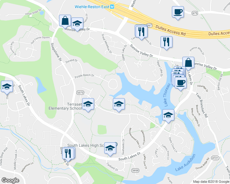 map of restaurants, bars, coffee shops, grocery stores, and more near 11421 Purple Beech Drive in Reston