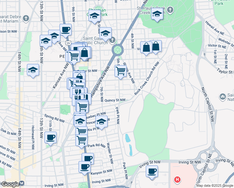map of restaurants, bars, coffee shops, grocery stores, and more near 3822 5th Street Northwest in Washington