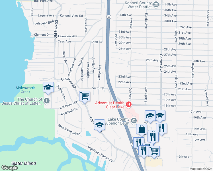 map of restaurants, bars, coffee shops, grocery stores, and more near 6181 Manzanita Avenue in Clearlake