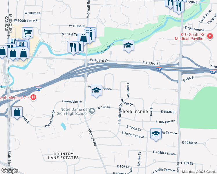 map of restaurants, bars, coffee shops, grocery stores, and more near 10432 Baltimore Avenue in Kansas City