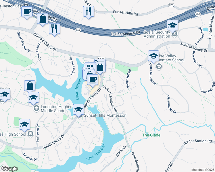 map of restaurants, bars, coffee shops, grocery stores, and more near 1981B Villaridge Drive in Reston