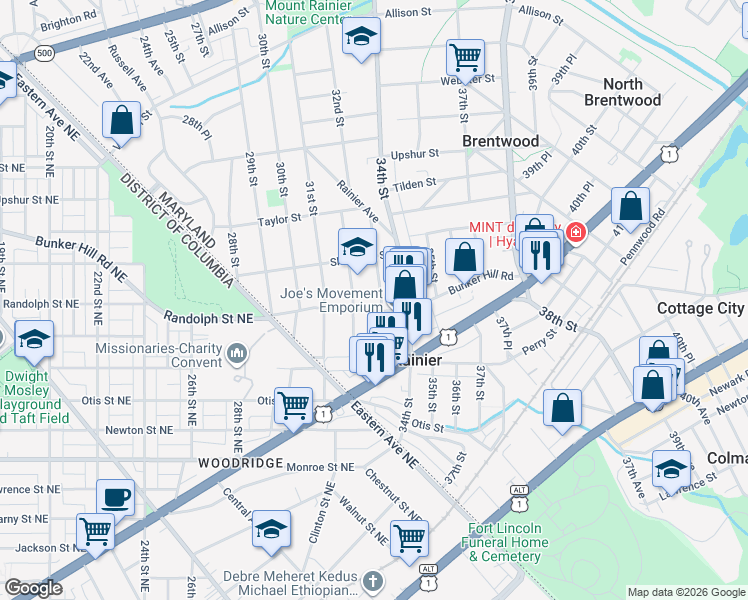 map of restaurants, bars, coffee shops, grocery stores, and more near 4000 33rd Street in Mount Rainier