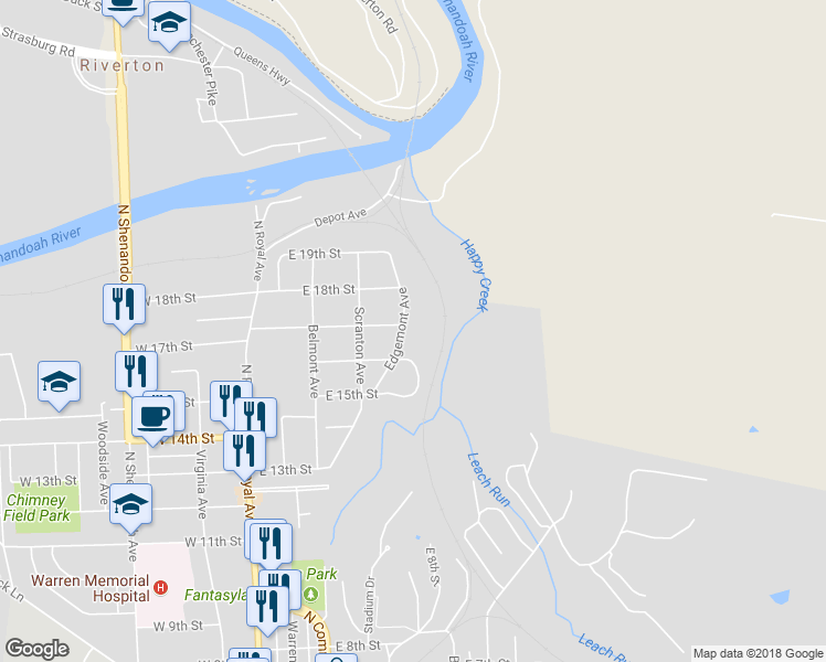 map of restaurants, bars, coffee shops, grocery stores, and more near 1612 Edgemont Avenue in Front Royal