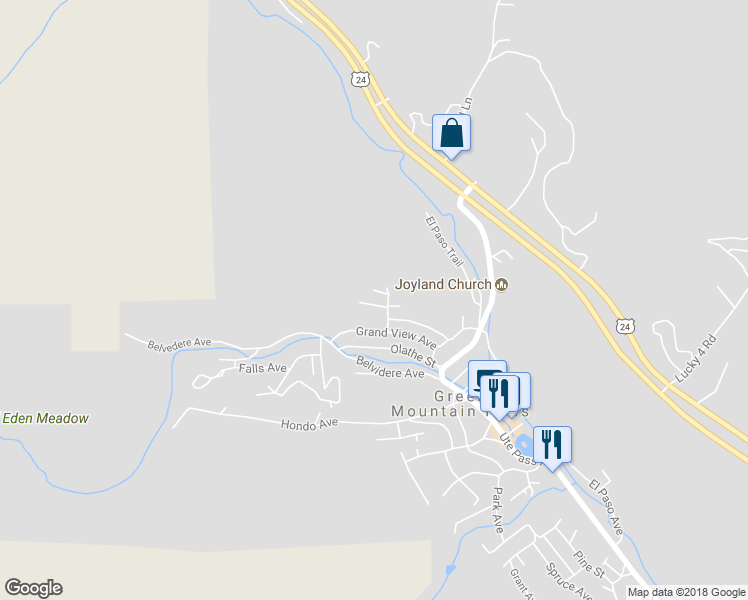 map of restaurants, bars, coffee shops, grocery stores, and more near 10855 Ora Street in Green Mountain Falls
