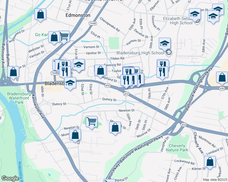map of restaurants, bars, coffee shops, grocery stores, and more near 5423 Annapolis Road in Bladensburg