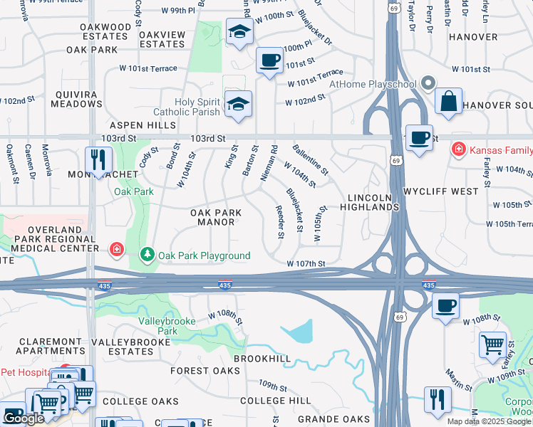 map of restaurants, bars, coffee shops, grocery stores, and more near 10517 Barton in Overland Park
