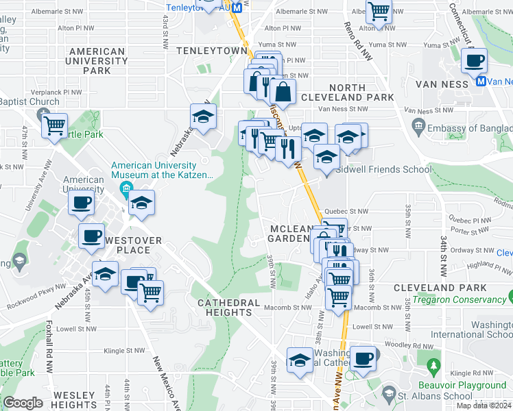 map of restaurants, bars, coffee shops, grocery stores, and more near 3730 39th Street Northwest in Washington