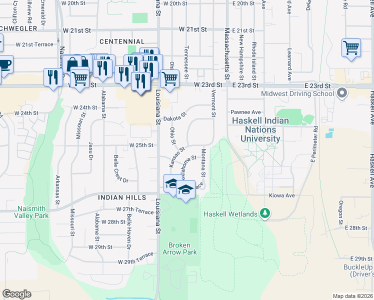 map of restaurants, bars, coffee shops, grocery stores, and more near 327 Kansas Street in Lawrence