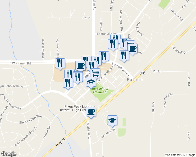 map of restaurants, bars, coffee shops, grocery stores, and more near 7320 McLaughlin Road in Peyton
