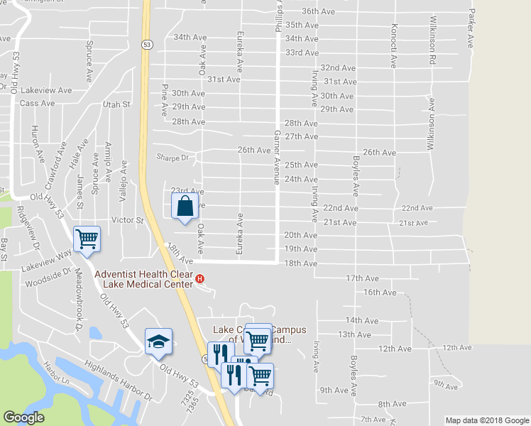 map of restaurants, bars, coffee shops, grocery stores, and more near 15862 21st Avenue in Clearlake
