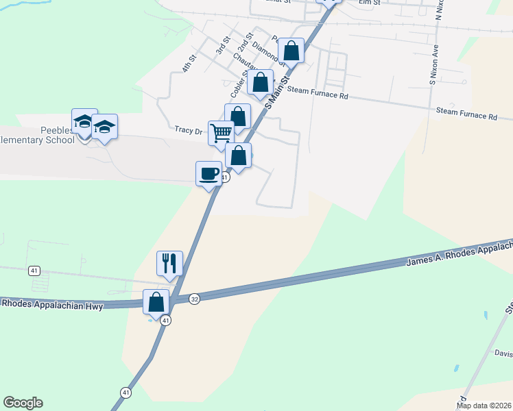 map of restaurants, bars, coffee shops, grocery stores, and more near 149 Shaker Run Road in Peebles
