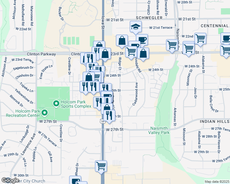 map of restaurants, bars, coffee shops, grocery stores, and more near 1809 West 25th Street in Lawrence