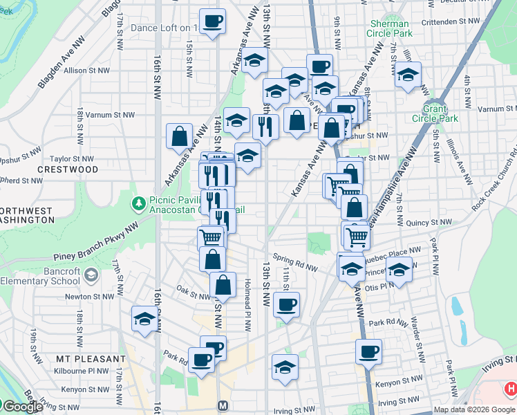 map of restaurants, bars, coffee shops, grocery stores, and more near 101 Independence Avenue Southeast in Washington