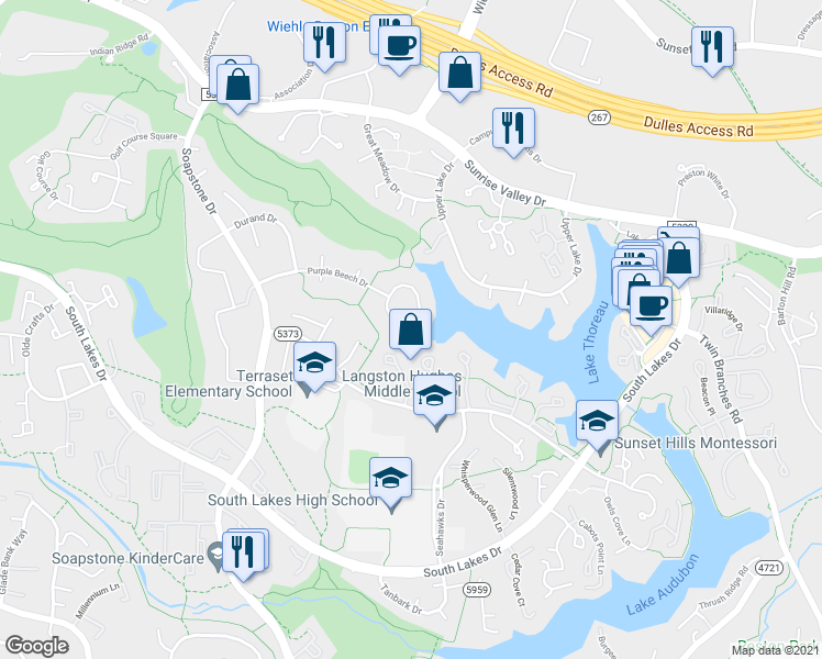 map of restaurants, bars, coffee shops, grocery stores, and more near 11421 Purple Beech Drive in Reston