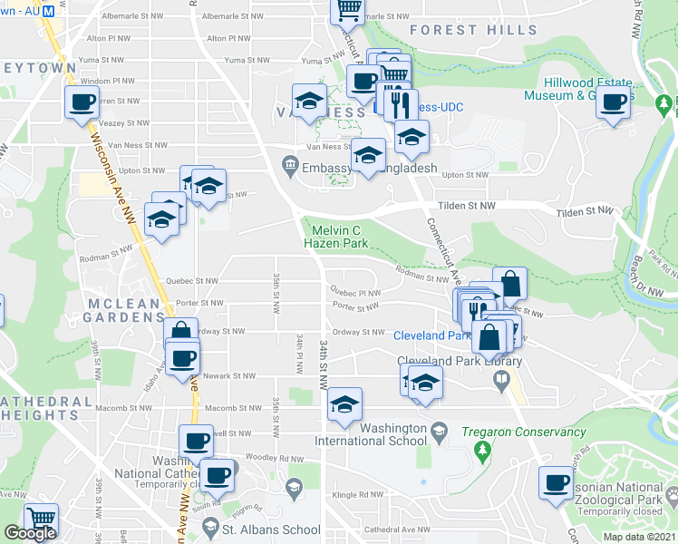 map of restaurants, bars, coffee shops, grocery stores, and more near 3320 Rowland Place Northwest in Washington