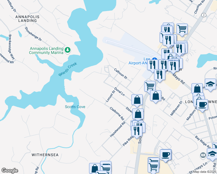 map of restaurants, bars, coffee shops, grocery stores, and more near 153 Duvall Lane in Edgewater